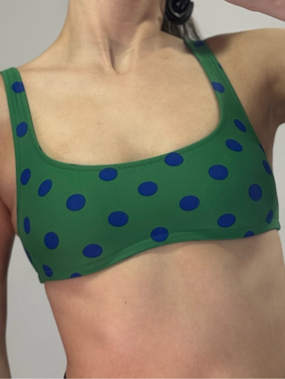 Vintage Retro Green Bikini Top with Blue Polka Dots
